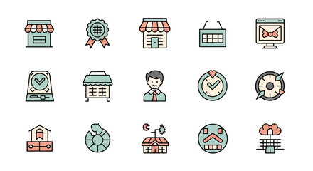 A collection of simple, colorful vector icons featuring various concepts like business, time, and navigation. Rendered with clean lines and a soft, pastel color palette