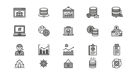 Collection of gray-toned, simple icons depicting business and technological concepts. Graphics include computer screens, graphs, database symbols, people, charts, money and other financial elements