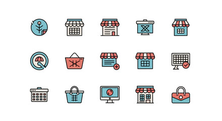Collection of colorful, outline style icons representing shopping, commerce, and digital services, including shops, baskets, monitors, and related symbols