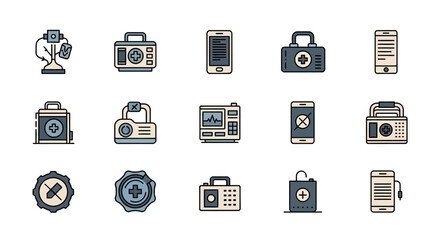 A collection of various medical and technological icons, rendered in a flat, minimalist style. Includes equipment, and mobile devices, showcasing diverse healthcare elements