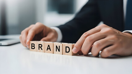 Businessman arranging wooden blocks spelling out the word brand