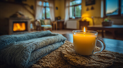 Self-care practices for well-being in a cozy home environment with candlelight ambiance