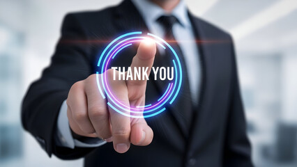 Businessman touching a digital thank you message with glowing circle