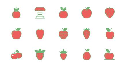 A collection of stylized red fruit icons, including apples and strawberries, and a gazebo illustration, outlined in green, set against a white background