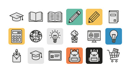 Vector icons depicting academic, educational, and learning concepts. Includes items like books, pencils, lightbulbs, a calculator, and school supplies. Icons set in squares