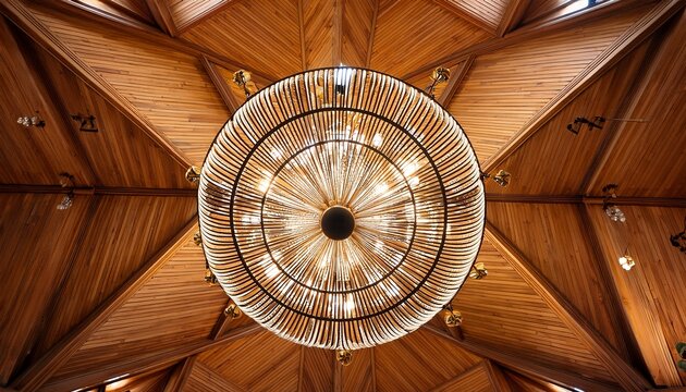 radial chandelier viewed from below against vaulted ceiling
