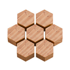Seven Bamboo Hexagon Coasters Arranged in Geometric Pattern, Natural Wood Texture Table Protection Mat Isolated on Transparent Background 