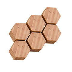 Modular Wooden Hexagons Arrangement, Six Interlocking Bamboo Geometric Tiles Forming a Honeycomb Structure, Isolated 3D Rendered Cutout on Transparent Background.
