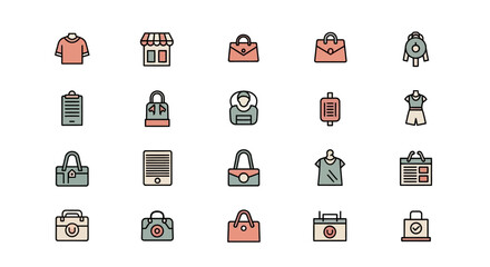 A collection of simple, flat-style icons in pastel colors, depicting clothing, accessories, and shopping-related elements, set against a white background