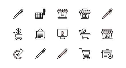 A collection of simple, stylized icons. Themes include pens, a table, market stalls, shopping carts, checklists, a computer screen, and a document. Colors used are black, white and a light mauve