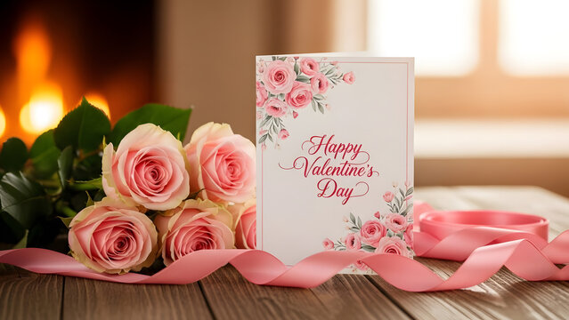 Valentine's Day greeting card with pink roses and ribbon on wooden table  