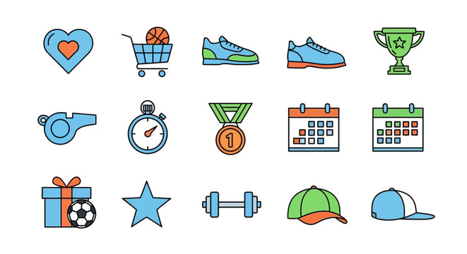A collection of 15 colorful outlined icons representing various activities and items related to sports, fitness, and celebrations. These include hearts, shoes, and sports equipment