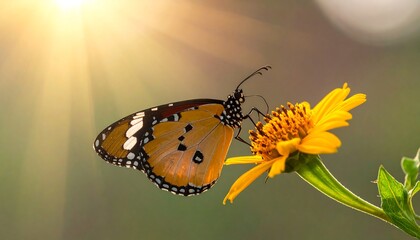 Butterfly rests on a yellow flower, bathed in sunlight, with blurred green foliage in the background