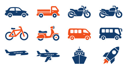 A collection of simple vehicle icons in blue and orange. Depictions include a car, truck, motorcycles, bicycle, scooter, van, bus, planes, ship and rocket, arranged in rows