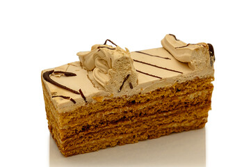 A rectangular cake with cream and filling. On a white background with a shadow.