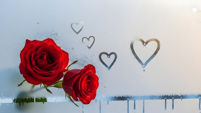 Two beautiful heart-shaped roses against a background of misty glass