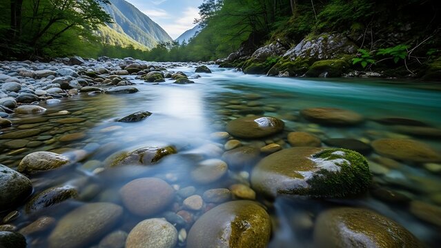 Serene mountain river flows through a lush green valley with rocky banks - Powered by Adobe