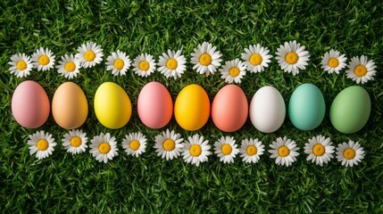 Colorful Decorative Eggs Arranged With Flowers on Green Grass for Spring Celebration