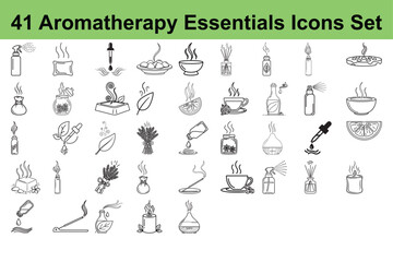 Set of 41 aromatherapy essentials icons set for relaxation and wellness in outline style with editable stroke