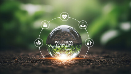 Crystal ball with wellness icons and glowing light on natural background