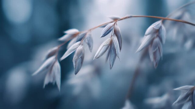 Delicate close-up of elegant oat grains in soft blue tones for calming nature aesthetics