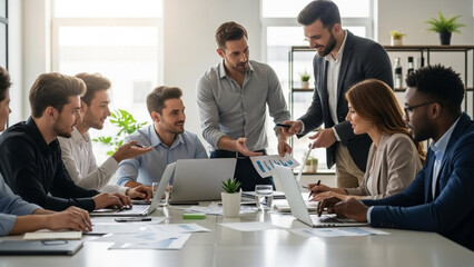 Team of Business Professionals Discusses Charts and Graphs During Meeting around Table in Office Diverse Group Collaborating on Project Reviewing Business Data