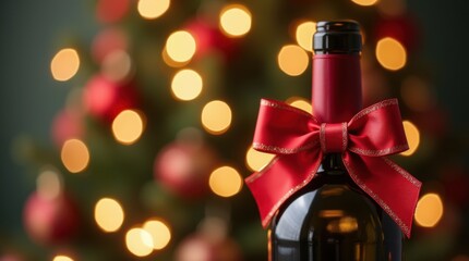 Obraz premium A wine bottle adorned with a red bow, set against a festive background with bokeh lights, perfect for holiday celebrations. 