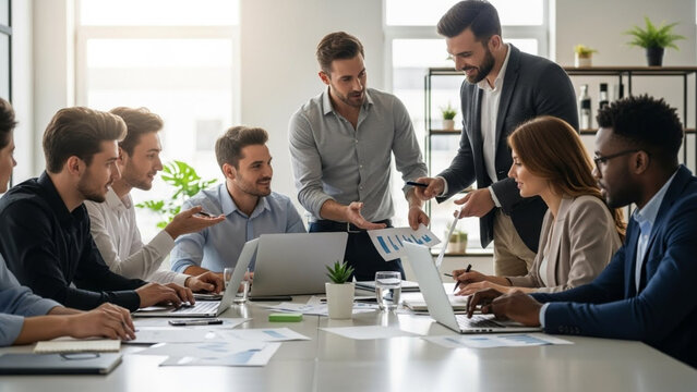 Team of Business Professionals Discusses Charts and Graphs During Meeting around Table in Office Diverse Group Collaborating on Project Reviewing Business Data - Powered by Adobe