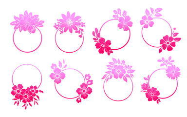 Set of eight decorative circular frames with pink gradient floral silhouettes and botanical arrangements.