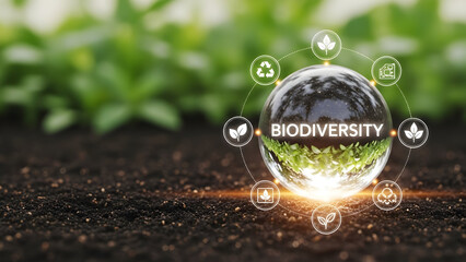 Biodiversity concept with ecological icons in a glass sphere on soil and plants