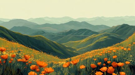 Vibrant Orange Wildflowers Flourish Across Rolling Mountains Under Soft Sunlight