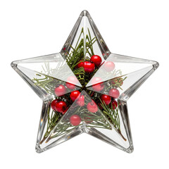 Festive holiday star ornament with evergreen and red berries isolated on transparent background
