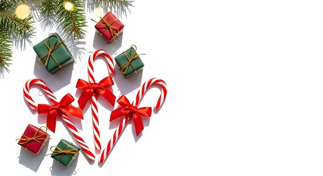 christmas candy canes with red bows and tiny holiday gift boxes on a white background with pine branch for seasonal greeting cards, retail sales promotions, winter holiday event invitations, and festi