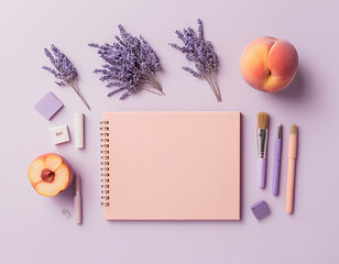 On a lilac background there are natural cosmetics, lavender branches and space for text.