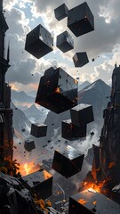Black cubes float amidst mountainscape, some glowing orange, against dramatic sky between castle walls