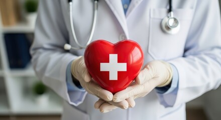 Doctor holding red heart with medical cross symbol in hand