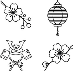 Japanese Icons Cherry Blossoms Samurai Helmet and Lantern