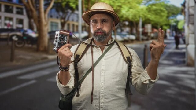 Man middle age hispanic gray beard wearing straw hat holds vintage camera and backpack while pointing finger to temple on street; travel frustration.