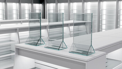 Close-up of clear acrylic sign holders on the tabletop of white slatwall gondola shelving. 3d illustration © Wire_man