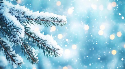 Snow-covered Pine Branches Under a Blue Winter Sky in a Serene Snowy Landscape