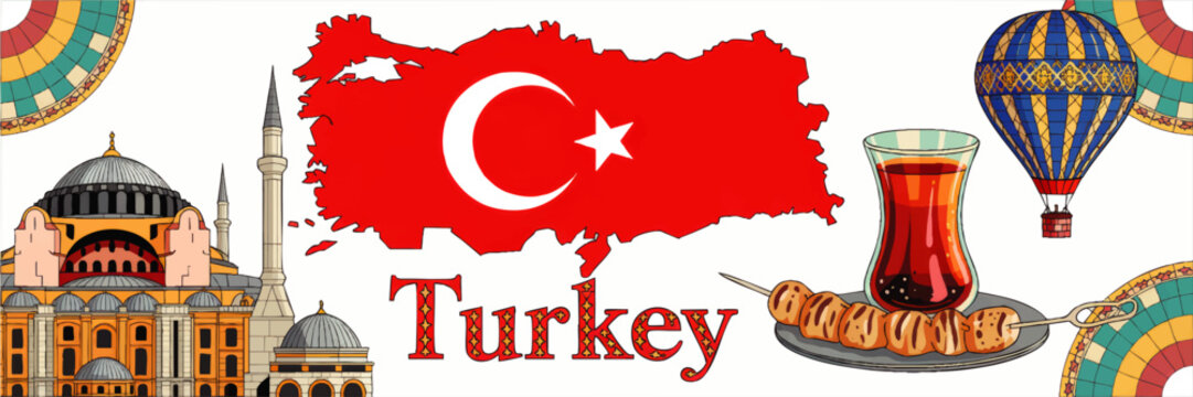 Colorful Turkey travel illustration with Turkish landmarks, map, hot air balloon, tea glass, kebab and traditional cultural symbols