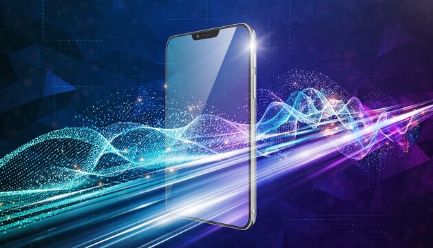 A futuristic 5G mobile network concept with flowing digital particles symbolizing ultra-fast communication and wireless speed - Powered by Adobe