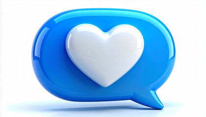 Vibrant blue 3D speech bubble with heart, smooth glossy surface, isolated on white backdrop.