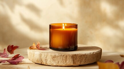 Warm Candle Glowing Softly on a Rustic Surface Surrounded by Autumn Leaves
