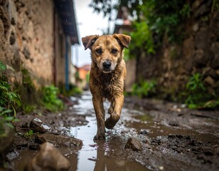 Brown dog walking through a muddy puddle street, looking at the camera on a cloudy day