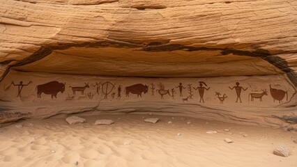 Ancient rock art in sandy desert cave with human and animal figures