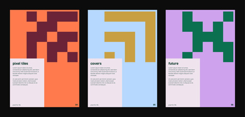 Modern pixel poster layouts with bold geometric tile shapes