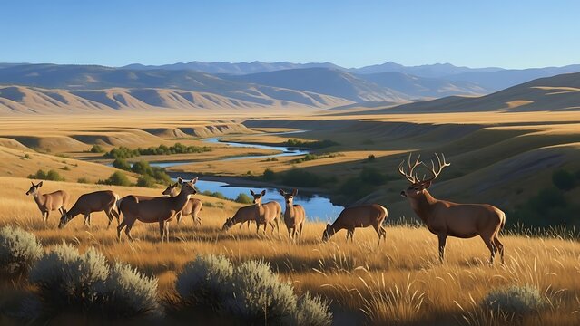 Majestic elk herd grazing peacefully in a golden valley with a winding river and distant mountains - Powered by Adobe