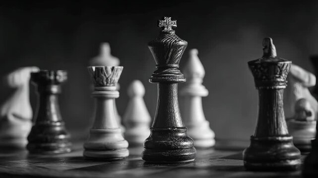 Ultra HD Dramatic closeup of a black wooden chess king piece standing tall on a board surrounded by blurred white and black pieces in monochrome chess video