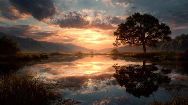 Glowing sunrise over tranquil landscape inspiring introspective peace 